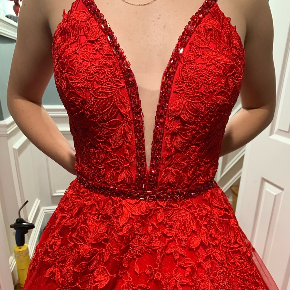 JVN3388 Red Plunging Neckline Lace Prom Gown